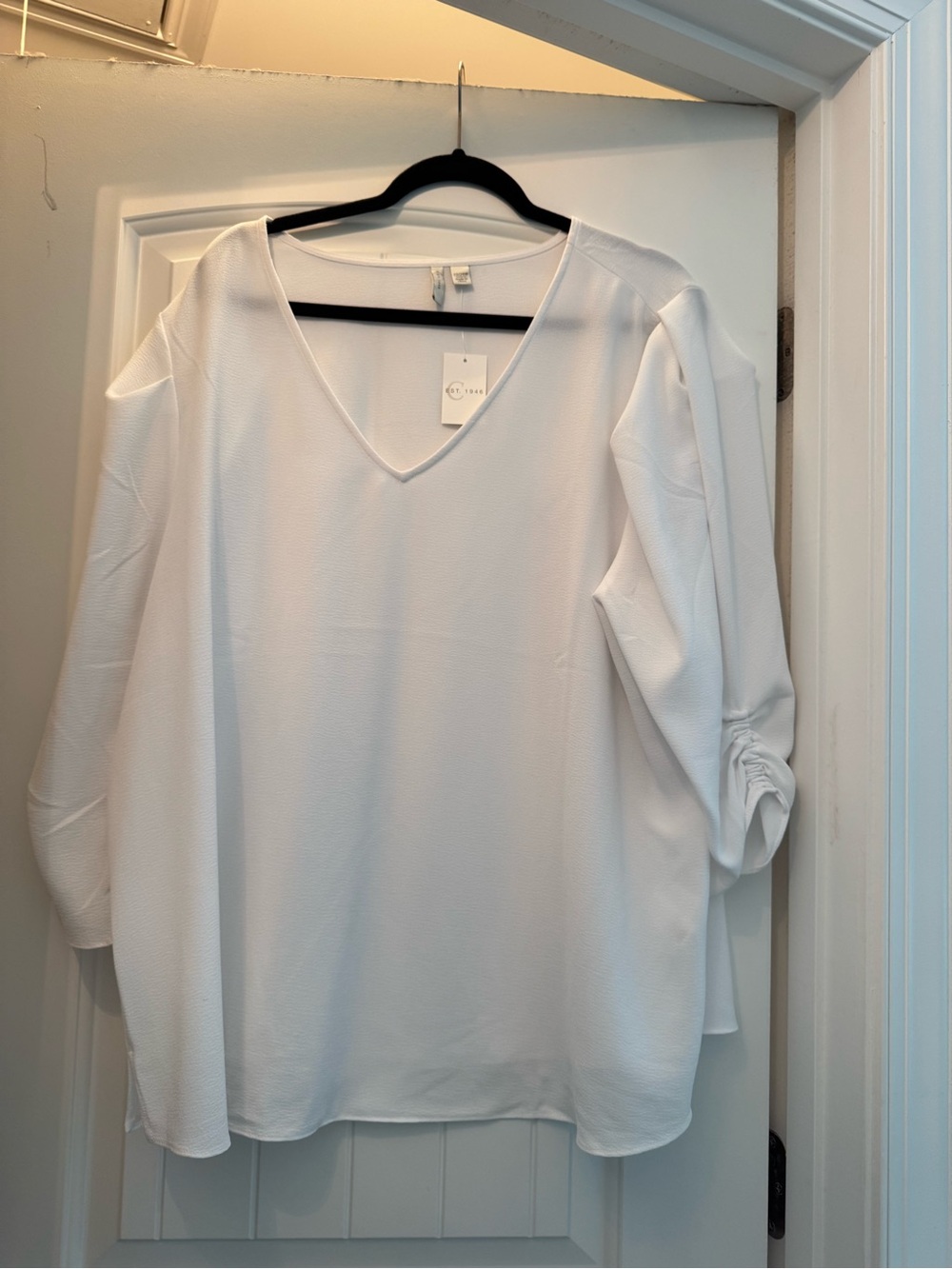 Cato White V-Neck Blouse with Ruched Sleeves